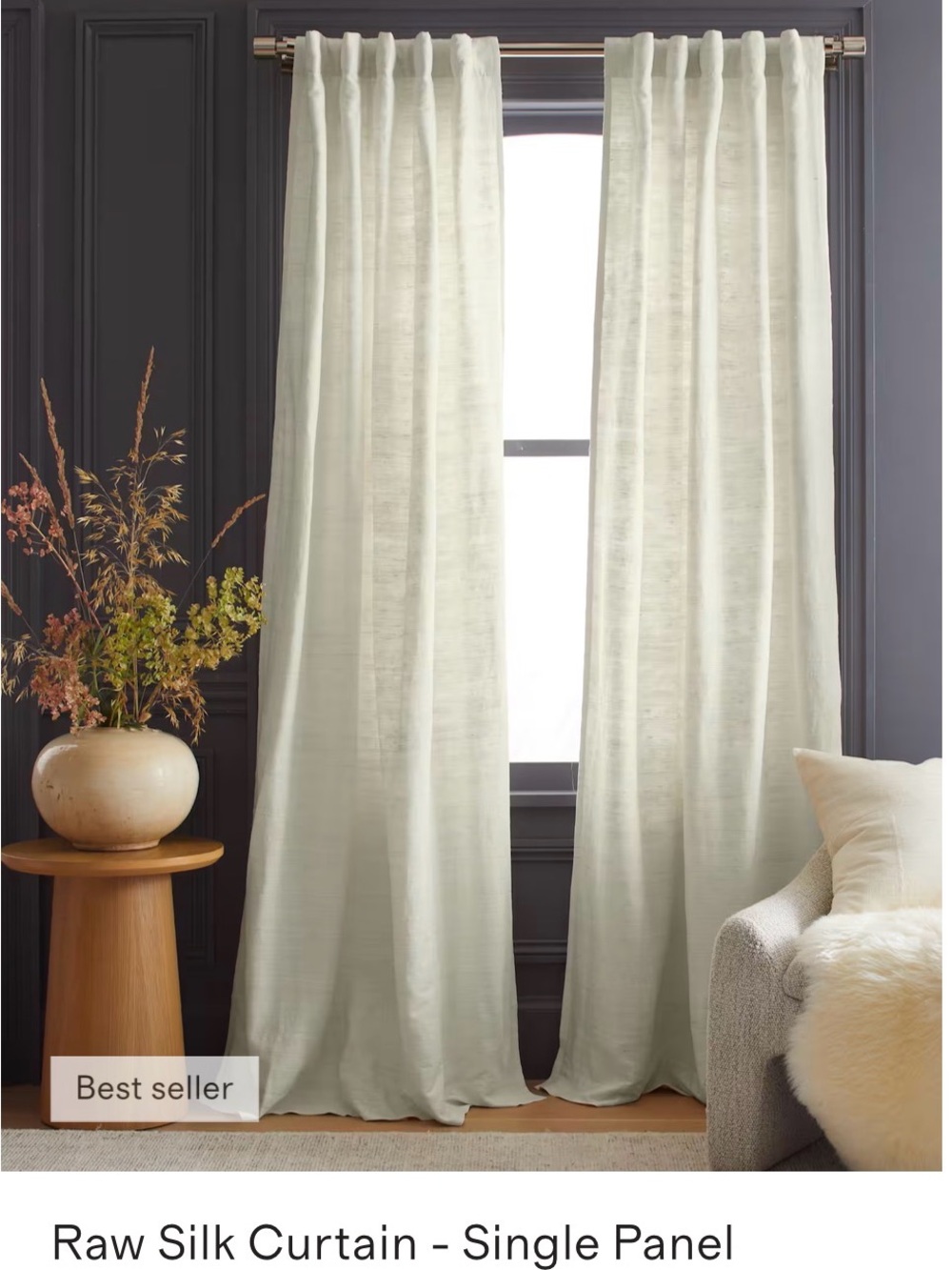 Quince Raw Silk Curtain Panel 48x84 one panel #531 ivory